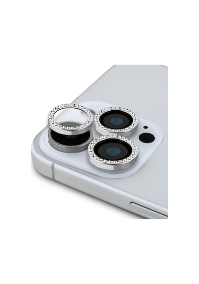 Apple Uyumlu   iPhone 16 Pro Max Guess Lisanslı Rhinestone Taşlı Kamera Lens Koruyucu Gümüş