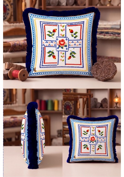 Çiçekli Etnik Motifli Saçaklı Yastık Kılıfı - Otantik Boho Mavi Lacivert Püsküllü Kırlent Kılıfı Sakin Düş Opal