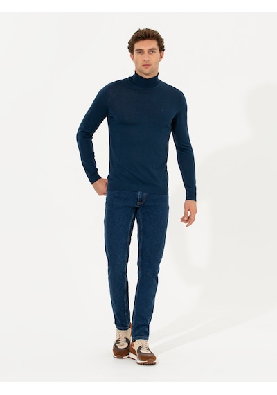 Cacharel İndigo Slim Fit Balıkçı Yaka Basic Triko Kazak Mavi