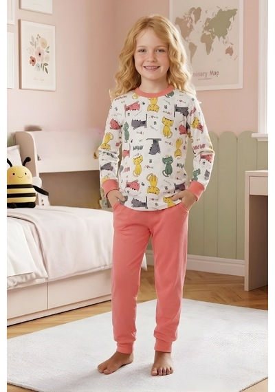 Modanino Kız ÇocukPamuk Pijama Takımı 4-11 Yaş 12628 Somon
