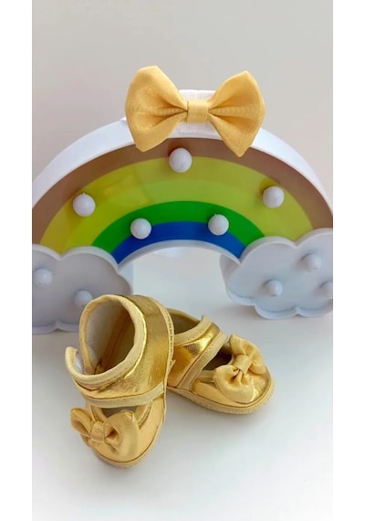 Kız Bebek Dore Altın Rengi Parlak Fiyonklu Patik Ve Bandana Set Altın