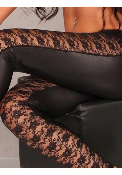 Defymoda Kadın Yüksek Bel Dantel Detaylı Deri Tayt Siyah