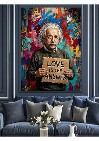 Einstein Aşk Cevaptır Yazılı Tablo Dekoratif Kanvas - Mdf Ahşap Tablo