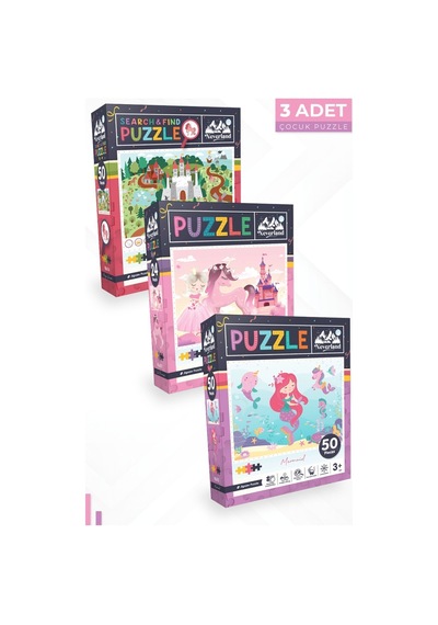 3'lü Çocuk Puzzle - 24 P. Sevimli Prenses Ve 50 P.deniz Kızı Ve 50 P. Ara Ve Bul Sihirli Unıcorn