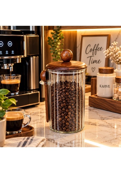 1350 Ml Akasya Kapaklı Kaşıklı Cam Kavanoz Şeffat Cam - Akasya Ahşap Kapak