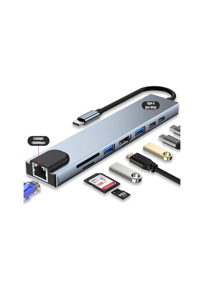 Tablet Usb Dönüştürücü Typ c usb Type Hub 8 in 1 Hdmı Sd Micro Apple Uyumlu MacBook Pro Air