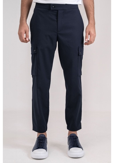 Giotelli Erkek Lacivert Dar Kesim Slim Fit Viskon Dokuma Kargo Cep Normal Bel Pantolon