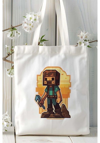 Art Hediye Minecraft Oyun Baskılı Bez Çanta Omuz Çantası Model 4 Çok Renkli