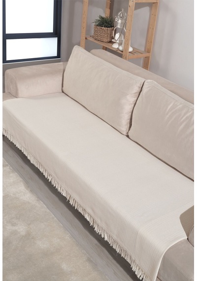 Miracolo Home Ekru Pamuklu Koltuk Örtüsü 115x200 Önden Saçaklı Çizgili Desenli