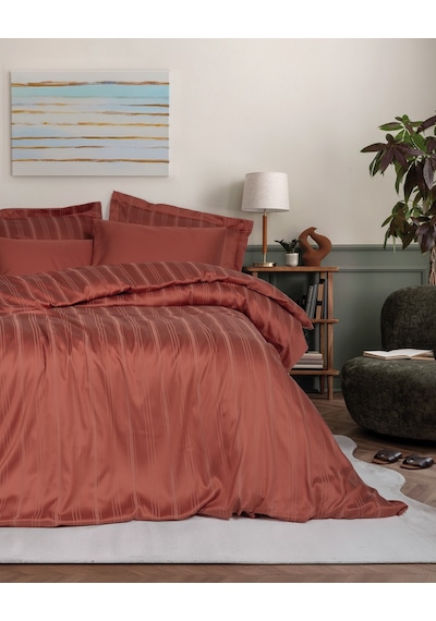 Cotton Box Smart Bambu Saten Çift Kişilik Nevresim Takımı Stripe Kiremit