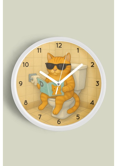 Soyut Kedi Modern Tasarım Duvar Saati - 30cm - Önü Camlı Beyaz Kasa - Sessiz Mekanizma Beyaz