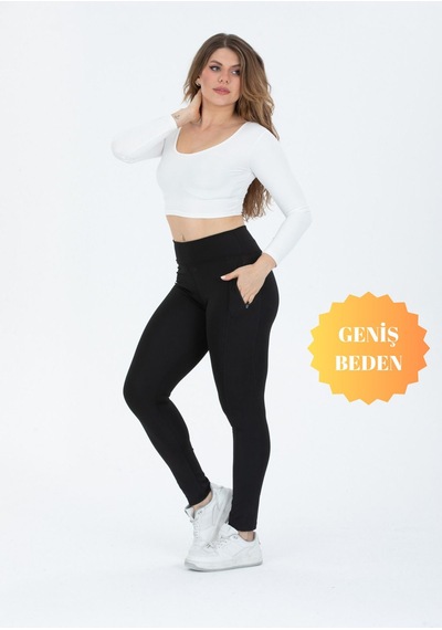 Banega Curve Büyük Beden Cepli Fermuarlı Toparlayıcı Sıkılaştırıcı Siyah Spor Tayt Siyah