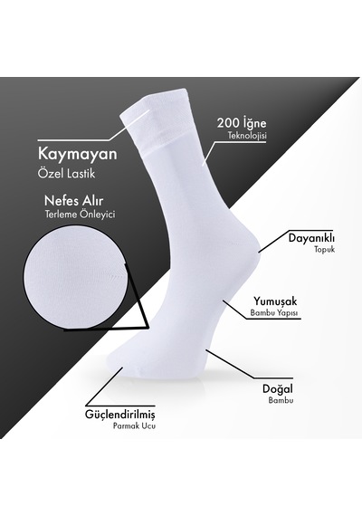 Saf Bambu Erkek Soket Uzun Düz Beyaz Çorap Dikişsiz Premium Kutulu 6'lı L5952aznb Softaura