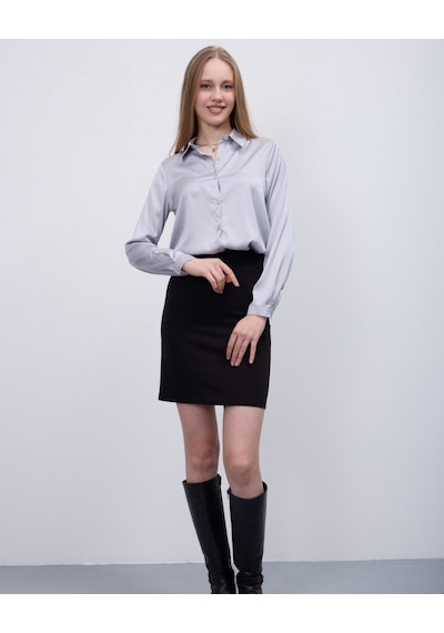 Pera Moda Saten Yüzeyli Fitted Gömlek Gri