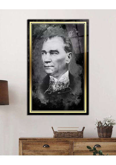 Şerit Atatürk Portresi Siyah Beyaz Cam Tablo, Uv Baskılı Ve Temperli, Hediyelik