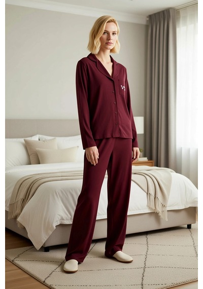 Benerly Kadın Gömlek Yaka Standart Kol Regular Kalıp Pijama Takımı Fonksi bordo