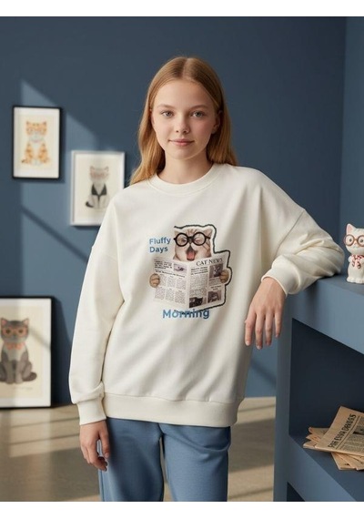 Kız Çocuk Kedi Baskılı Oversize Tasarım Sweatshirt-16487 Ekru