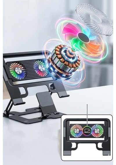 Çift Fanlı Rgb Işıklı Ayarlanabilir Katlanabilir Laptop Standı Ve Soğutucu Ergonomik Alüminyum Notebook Standı