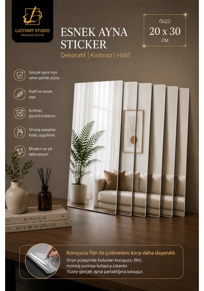 4'lü Set 1 Mm Premium Aynalı Pleksi 20x30 Cm Esnek Yapışkanlı Dekoratif Duvar Süsü Gümüş Gümüş