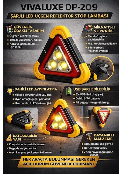 Vıvaluxe Dp-209 Şarjlı Led Üçgen Reflektör Stop Lambası, Çok Fonksiyonlu Acil Durum Uyarı Işığı, Usb Şarj E