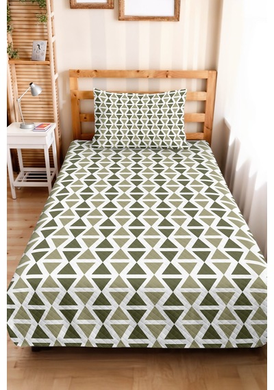 Geometrik Yeşil Minimal Tek Kişilik Pike Takımı - Haki Beyaz Bohem 160x220 Cm Yazlık Yatak Örtüsü Ahenkli Kıyı Nüansı