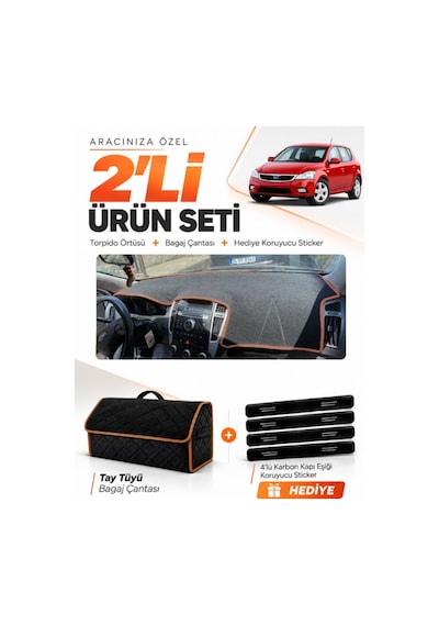 Kia Ceed 2006-2012 Uyumlu Torpido Örtüsü + Tay Tüyü Bagaj Çantası + Sticker - Siyah Kahverengi