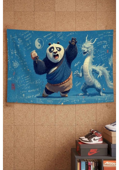 Kung Fu Panda Po Ve Ejderha Blueprint Dekoratif Duvar Örtüsü Duvar Halısı Beyaz