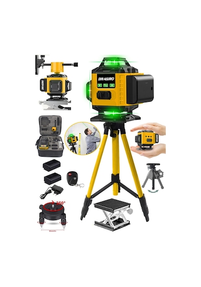 DRG-TLZR128 128 Vf Tripodlu Sarı 12 Köşe Otomatik Hizalama Lazer Metre 360 Derece Yatay Dikey Çapraz Kumandalı