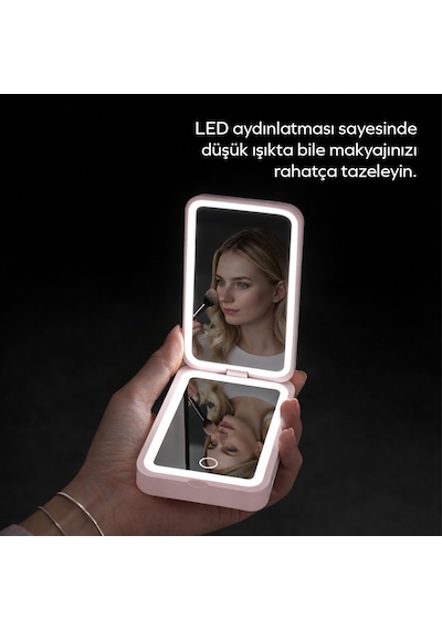 Woyax Ledli Makyaj Aynalı Powerbank 3000mah Taşınabilir Şarj Cihazı Apple Uyumlu iPhone Samsung Xiaomi Pembe