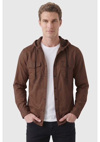 Deep Sea Deepsea Kahve Kapüşonlu Likralı Kot Gömlek Slim Fit Çıt Çıt Kapamalı Erkek Gömlek 2300396
