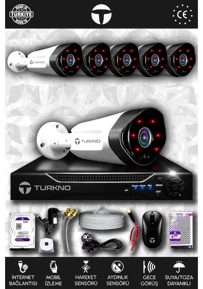 Turkno 6 Kameralı Galia 6 Dış Kamera Set 100 GB HDD Full HD Gece Görüşlü Güvenlik Kamerası Sistemi