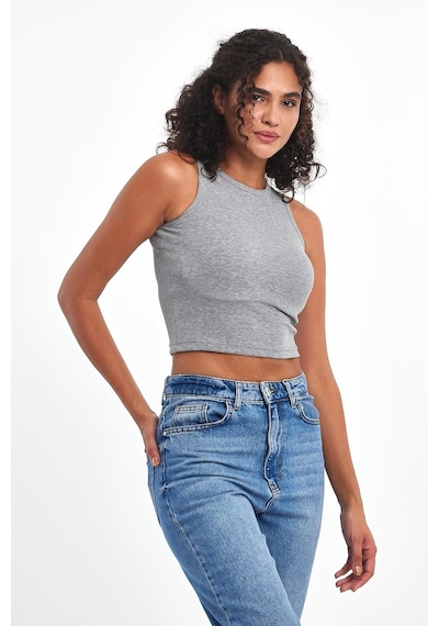 Comeor Kadın Gri Fitilli Görünümlü Askılı Kalın Esnek Örme Basic Crop Atlet Bluz Cmrb93