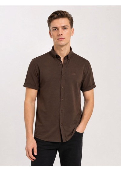Classics Men Cafes Likralı Kısa Kol Slim Fit Erkek Gömlek - 7735 Kahverengi