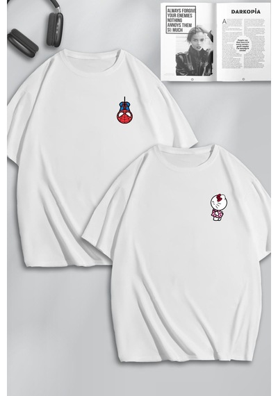 Unisex Kadın Erkek Hello Kitty Spiderman Baskılı Sevgili Çift Kombini Tasarım Oversize Tshirt 2'li Beyaz1 Mck0091 Beyaz
