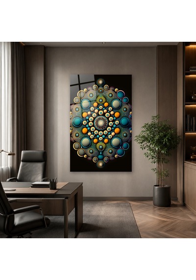 Turkuaz Turuncu Noktalı Mandala Çerçevesiz Cam Tablo