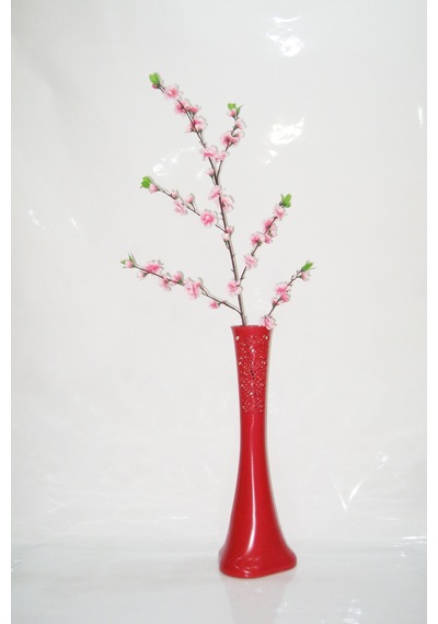 60 Cm Kırmızı Desenli Vazo Pembe Bahar Dalı