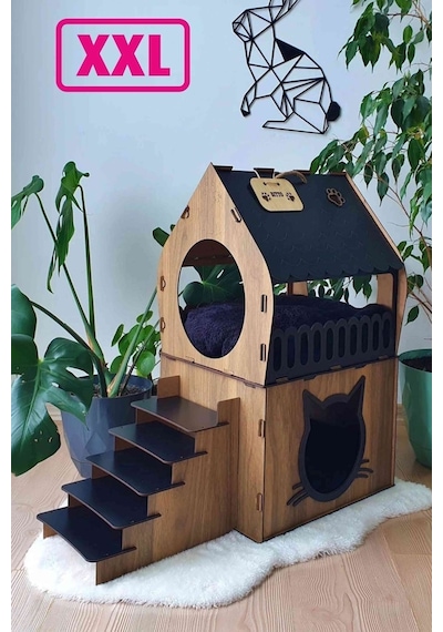 Xxl Teraslı Dubleks Ahşap Kedi Evi Büyük Demonte Mdf Kedi Evi Kemençe - Siyah
