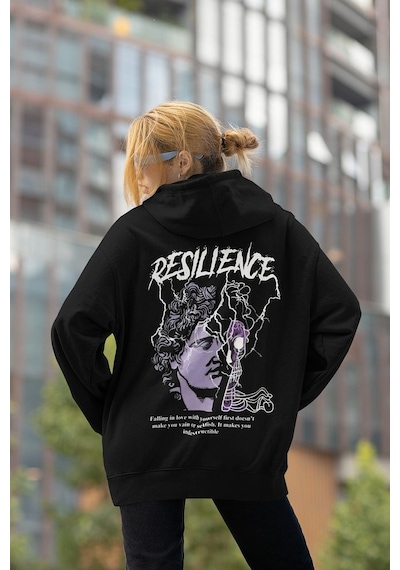 Sevbano Resilience Baskılı Unisex Oversize Tasarım Hoodie Siyah