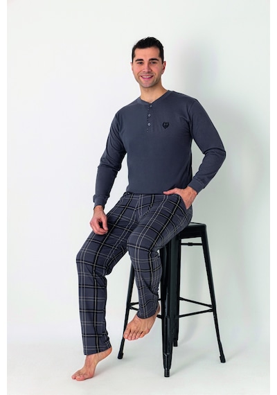Estiva Erkek Kareli Alt Desenli Füme Uzun Kollu Patlı Penye Pijama Takımı Çok renkli