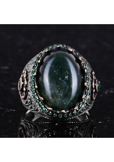 Gerçek Doğal Taş Yüzük - 925 Ayar Gümüş El Yapımı Yüzük Yosun Agate Gümüş