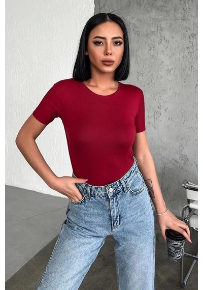 Armüz Rahat Ve Şık Kısa Kollu Bisiklet Yaka Likralı Viskon Penye Body Bordo