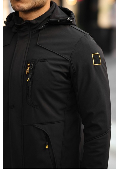 Erkek Mavi Kapüşonlu Softshell Su Ve Rüzgar Geçirmez Içi Kürklü Mont Siyah