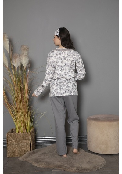 Tekten 0200 Çiçek Desenli Uzun Kollu Kadın Pijama Takımı Gri