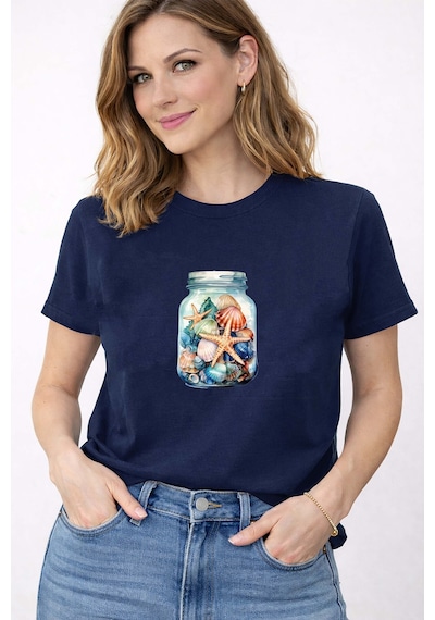 Herkesemoda Kadın Yazlık Deniz Temalı Baskı Detaylı Bisiklet Yaka Pamuklu T-shirt Lacivert