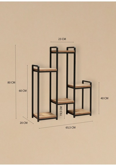 Garden 6 Raflı Metal Saksılık Dekoratif Metal Raflı Ahşap Çiçeklik Matkapsız Kurulum Metalik Mat Siyah
