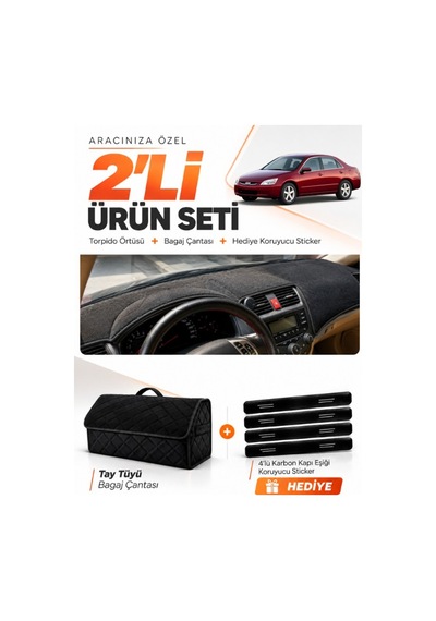 Honda Accord 2002-2008 Uyumlu Torpido Örtüsü + Tay Tüyü Bagaj Çantası + Sticker Seti - Siyah