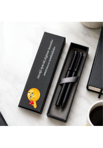 İsme Özel Mat Siyah İkili Roller Kalem Seti - Emoji Ve Özlü Söz Baskılı Özel Kutulu Hediye