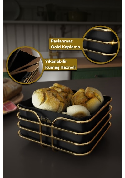 Bino Çok Amaçlı Metal Kutu Lüx Gold Paslanmaz Ekmek Sepeti Altın