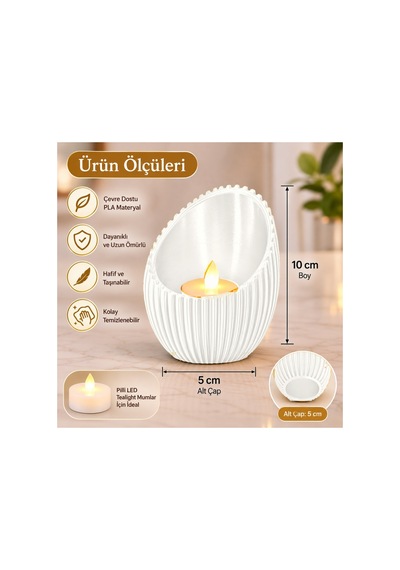 Dekoratif Oluklu Yumurta Formlu Tealight Mumluk Ve Masaüstü Düzenleyici 10x5 Cm - Beyaz