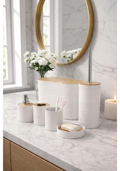 Makri Home 6 Parça Beyaz Banyo Seti, Bambu Detaylı, 8l Çöp Kovası 24x26x16 Cm